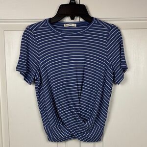 Marine Layer Blue and White Striped Twist Hem Short Sleeve Top - XS